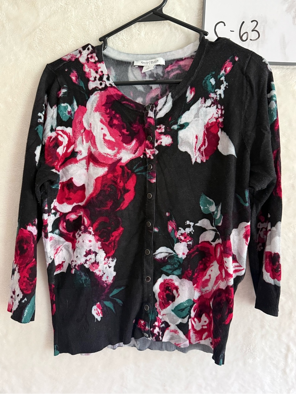 Floral Button-Front Women's Sweater Cardigan - Black with Pink Rose Print